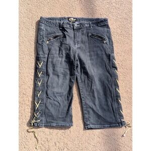 Platinum Plush Women's Charcoal Denim Lace Up Cargo Capri Jeans Size 17‎